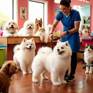 pet grooming saloon with happy pets in LA