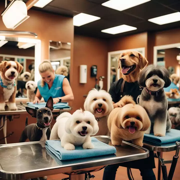 pet grooming saloon with happy pets in Los Angeles